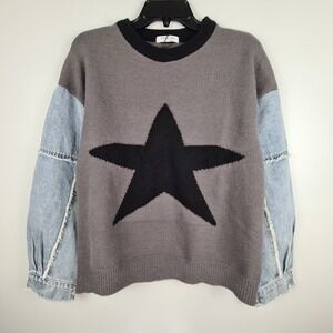 Double Take Women's‎ Star Pattern Raw Edge Denim Sleeve Sweater S/M Oversized